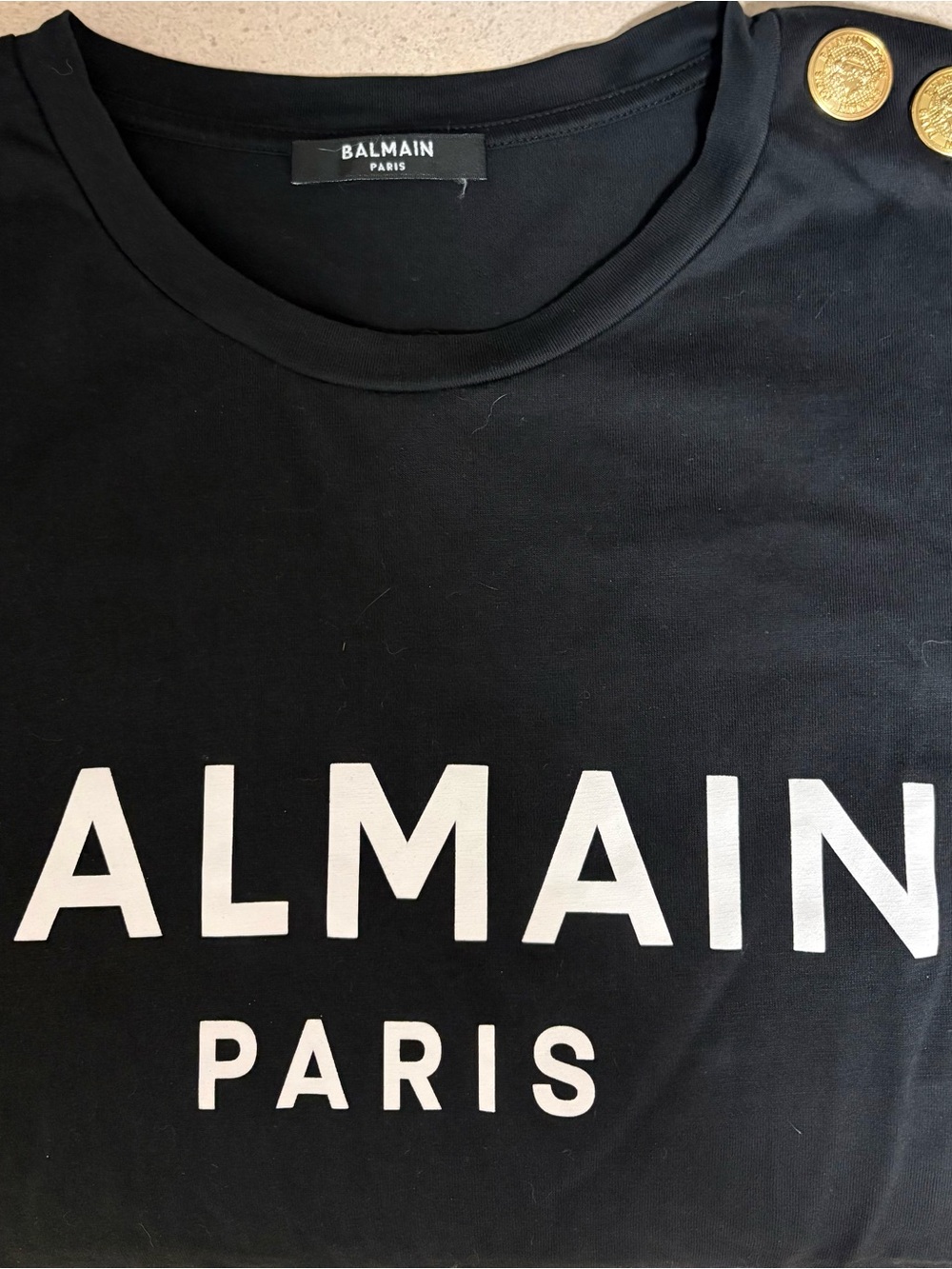 Balmain Black Short Sleeve Tee with White Logo and Gold Buttons